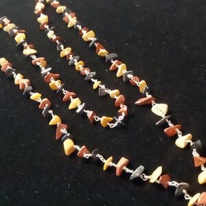 Vintage fire agate, obsidian & Jasper stone long link chain.